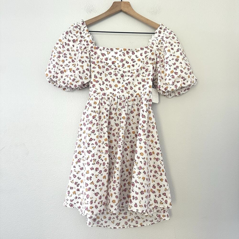 NWT Altar'd State Floral Babydoll Dress Sz S Puff Sleeve White Cottage Tie back